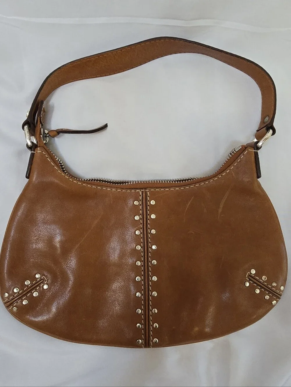Michael Kors Uptown Astor Cognac Leather Studded Hobo Bag Y2K
